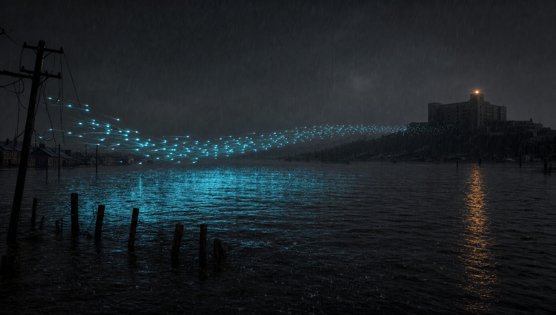 A murmuration of small blue lights crossing a flooded river toward a lit hospital