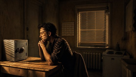 A young thief sitting at a table beside a small safe in a dim apartment with venetian blinds
