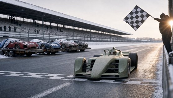 The slow car crossing the finish line under a checkered flag, rival cars broken on trailers behind